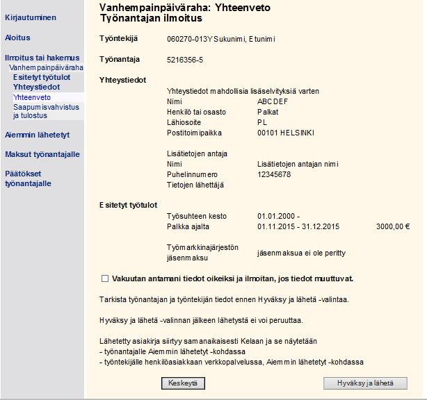 Yhteenvedon tarkistaminen ja lähettäminen 010101-123A