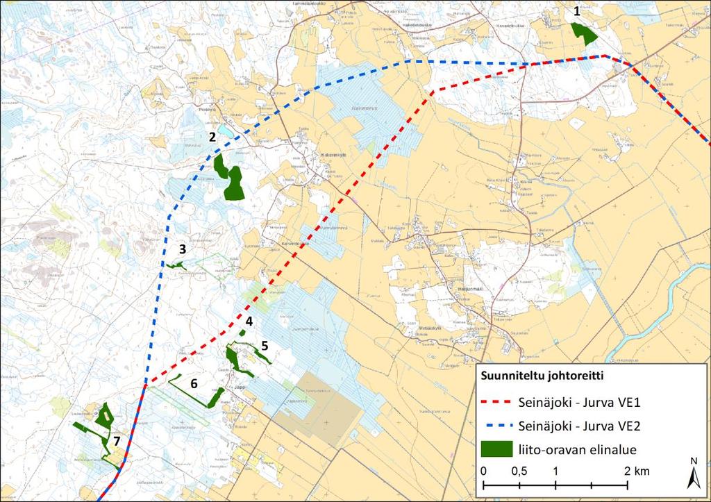 126 (172) Taulukko 15-1. Selvityksissä löydettyjen elinalueiden etäisyydet voimajohtoon. Alueet on taulukon lisäksi esitetty kuvissa 15-4 15-6.