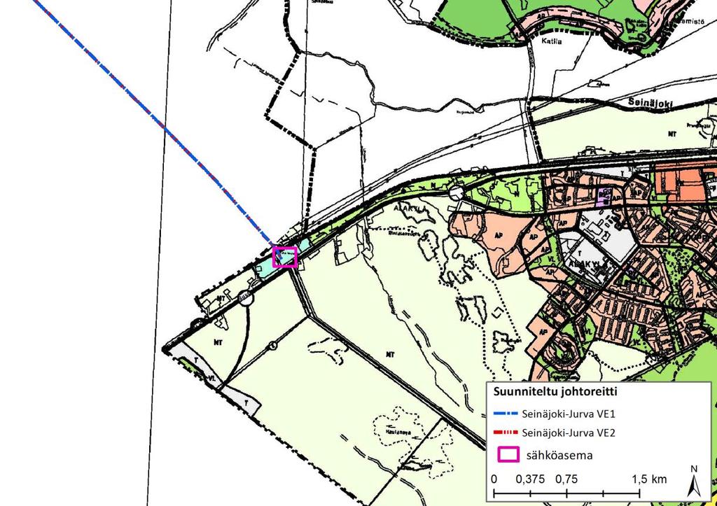 72 (172) Kuva 10-20. Ote Seinäjoen yleiskaavasta. Sähköasema sijoittuu ET-alueelle. Suunnitellun voimajohdon reitti on lisätty kuvaan. (Lähde: Seinäjoen kaupunki 2016) 10.3.