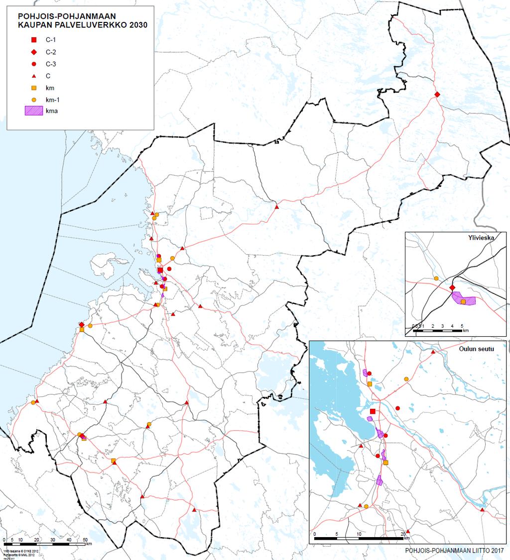 FCG SUUNNITTELU JA TEKNIIKKA OY Loppuraportti 9 (74) km Ylikylä (Zeppelin), Kempele 50 000 k-m 2 km Mettalanmäki, Raahe 40 000 k-m 2 km Tiilimaa, Nivala 20 000 k-m 2 km Linnanmaa, Oulu 15 000 k-m 2