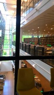 Kirjastossa oli huomiota herättävän suuri käsikirjasto suomalaisine tietosanakirjoineen.