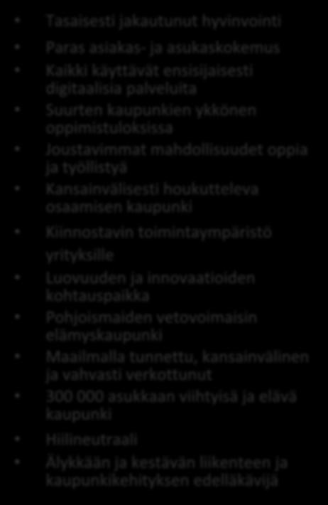 Tavoiteltavat tulokset 2030 YHDESSÄ TEKEVÄ JA INHIMILLINEN Osallisuus ja aktiivisuus / Yhdenvertaisuus ja varhainen tuki / Yksilölliset ja vaikuttavat palvelut KOULUTUKSEN JA OSAAMISEN KÄRJESSÄ