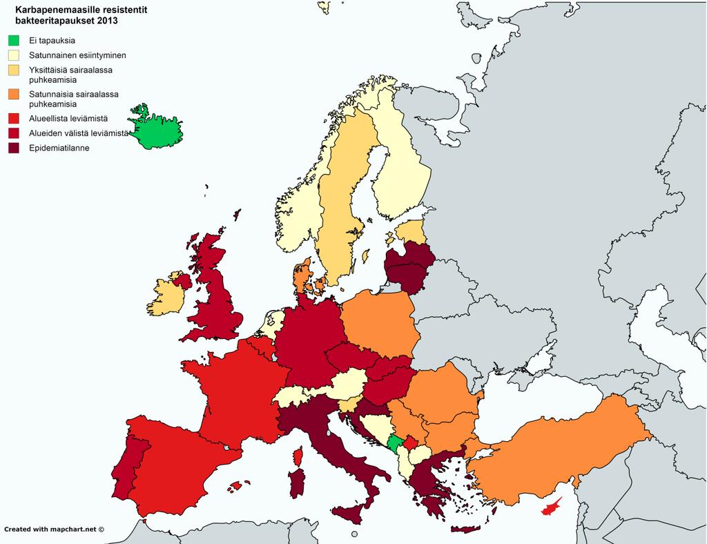 11 Kuva 2. Karbapenemaasille resistentit bakteeritapaukset Euroopassa vuonna 2013. Muokattu ja suomennettu (European Centre for Disease Prevention and Control, EARS- Net, 2005-2016).