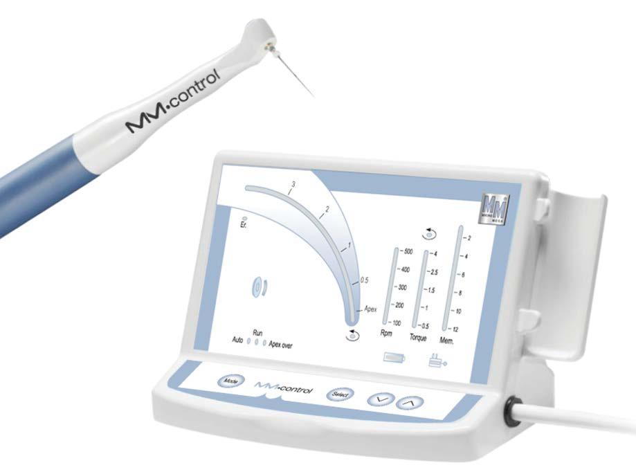 MM Control Endomoottori, jossa vääntövoiman ja nopeuden säätö + integroitu apex-mittari Voidaan käyttää eri valmistajien kaikkien pyörivien juurenhoitoinstrumenttien kanssa Instrumentin katkeamisen