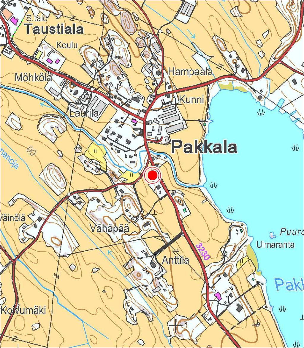 Kuva 1. Tursolantien varhaismetallikautisen saviastianpalan löytöpaikan ja tarkastuskohteen sijainti merkitty kartalle punaisella pallolla. Pohjakartta Maanmittauslaitos 11/2014.