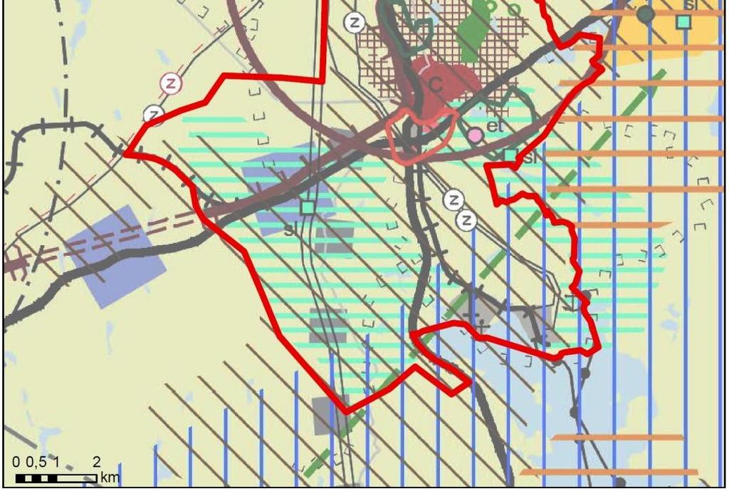 Maakuntakaavaehdotus oli nähtävillä syys lokakuussa 2017 ja maakuntavaltuuston on tarkoitus hyväksyä kaava joulukuussa 2017. Kuva 2. Ote uudesta maakuntakaavan ehdotuksesta 25.8.2017. Kaava-alue on lisätty kartalle punaisella viivalla.