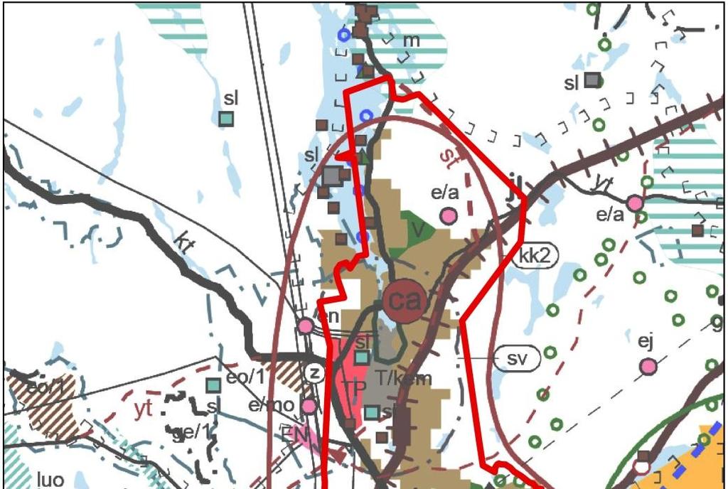2 Kuva 1. Ote voimassa olevien maakuntakaavojen yhdistelmäkartasta. Kaava-alue on lisätty kartalle punaisella viivalla.
