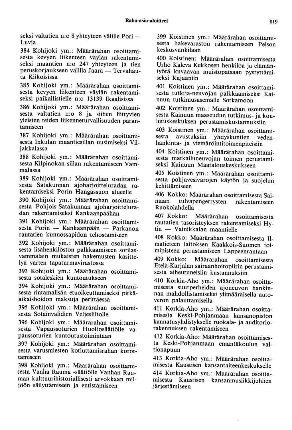 Raha-asia-aloitteet 819 seksi valtatien n:o 8 yhteyteen välille Pori - Luvia 384 Kohijoki ym.