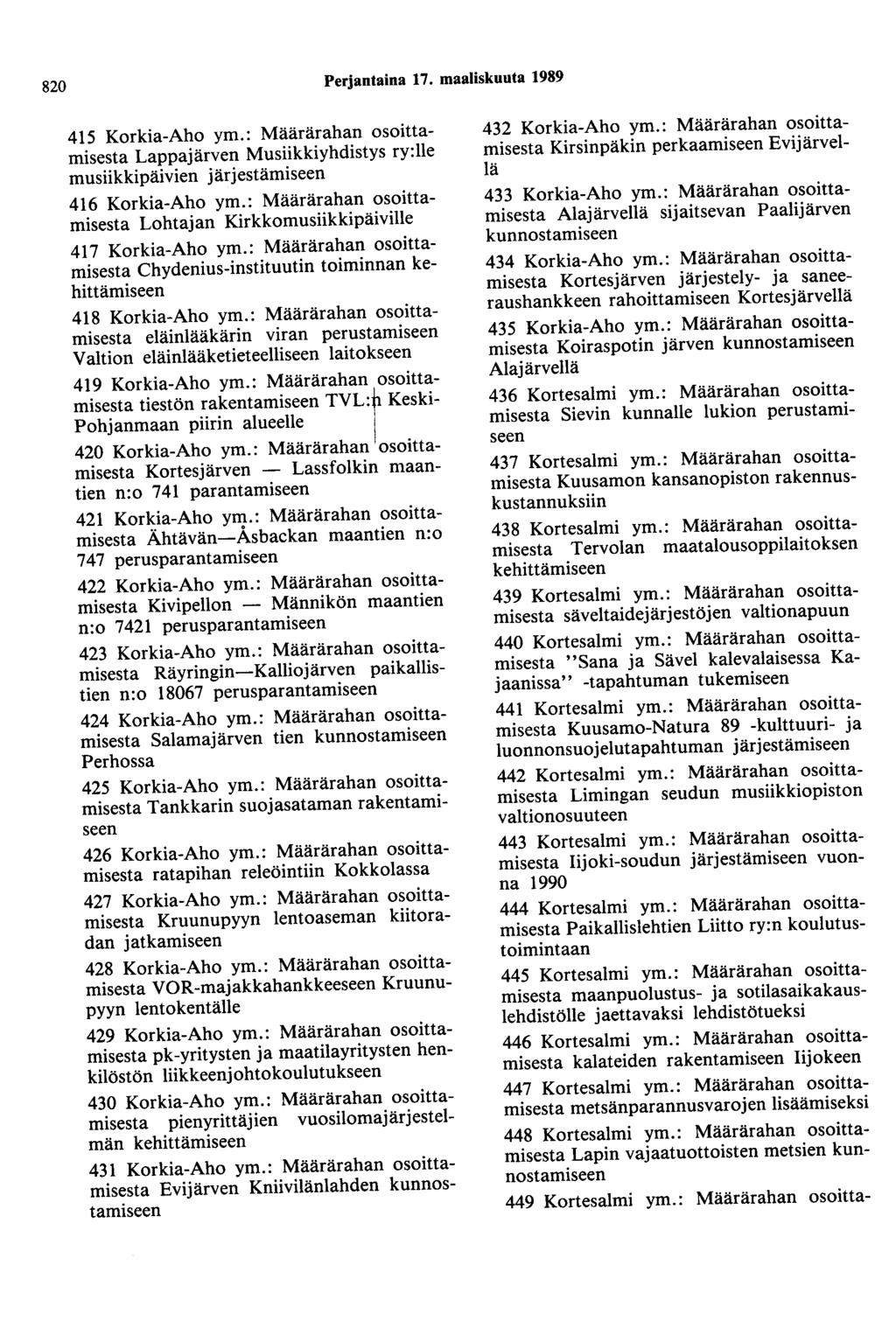 820 Perjantaina 17. maaliskuuta 1989 415 Korkia-Aho ym.: Määrärahan osoittamisesta Lappajärven Musiikkiyhdistys ry:lle musiikki päivien järjestämiseen 416 Korkia-Aho ym.