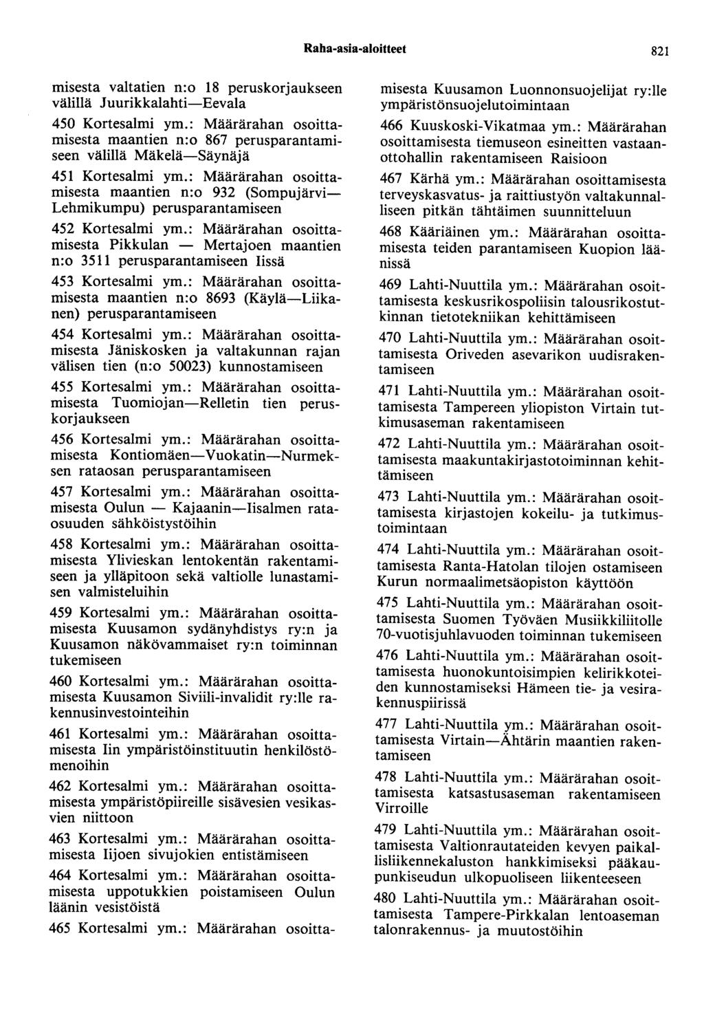 Raha-asia-aloitteet 821 misesta valtatien n:o 18 peruskorjaukseen välillä Juurikkalahti-Eevala 450 Kortesalmi ym.