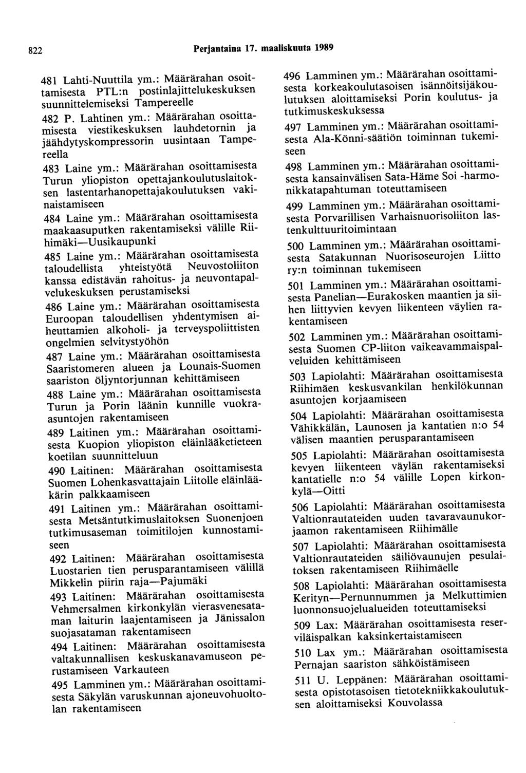 822 Perjantaina 17. maaliskuuta 1989 481 Lahti-Nuuttila ym.: Määrärahan osoittamisesta PTL:n postinlajittelukeskuksen suunnittelemiseksi Tampereelle 482 P. Lahtinen ym.
