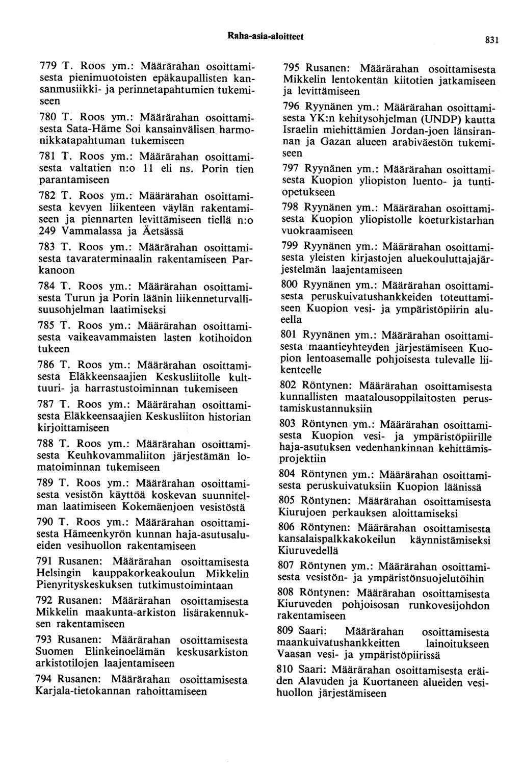 Raha-asia-aloitteet 831 779 T. Roos ym.: Määrärahan osoittamisesta pienimuotoisten epäkaupallisten kansanmusiikki- ja perinnetapahtumien 780 T. Roos ym.: Määrärahan osoittamisesta Sata-Häme Soi kansainvälisen harmonikkatapahtuman 781 T.
