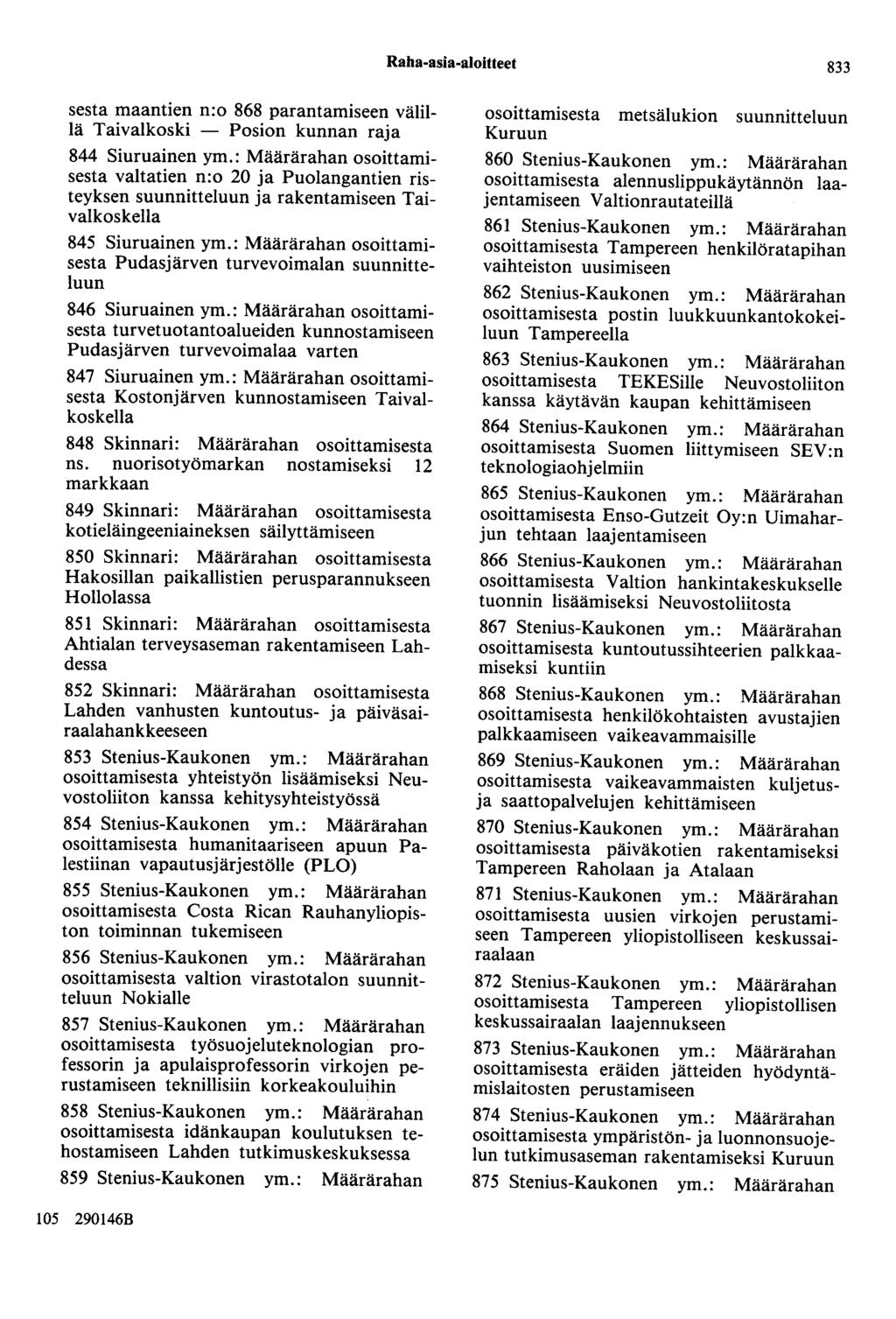 Raha-asia-aloitteet 833 sesta maantien n:o 868 parantamiseen välillä Taivalkoski - Posion kunnan raja 844 Siuruainen ym.