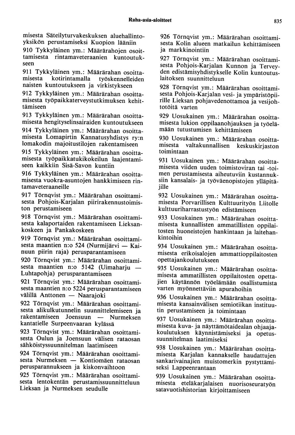 Raha-asia-aloitteet 835 misesta Säteilyturvakeskuksen aluehallintoyksikön perustamiseksi Kuopion lääniin 910 Tykkyläinen ym.