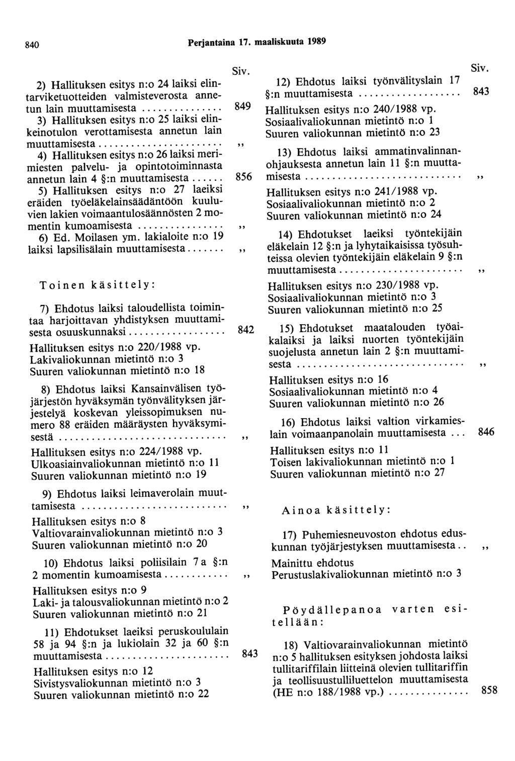840 Perjantaina 17. maaliskuuta 1989 2) Hallituksen esitys n:o 24 laiksi elintarviketuotteiden valmisteverosta annetun lain muuttamisesta.