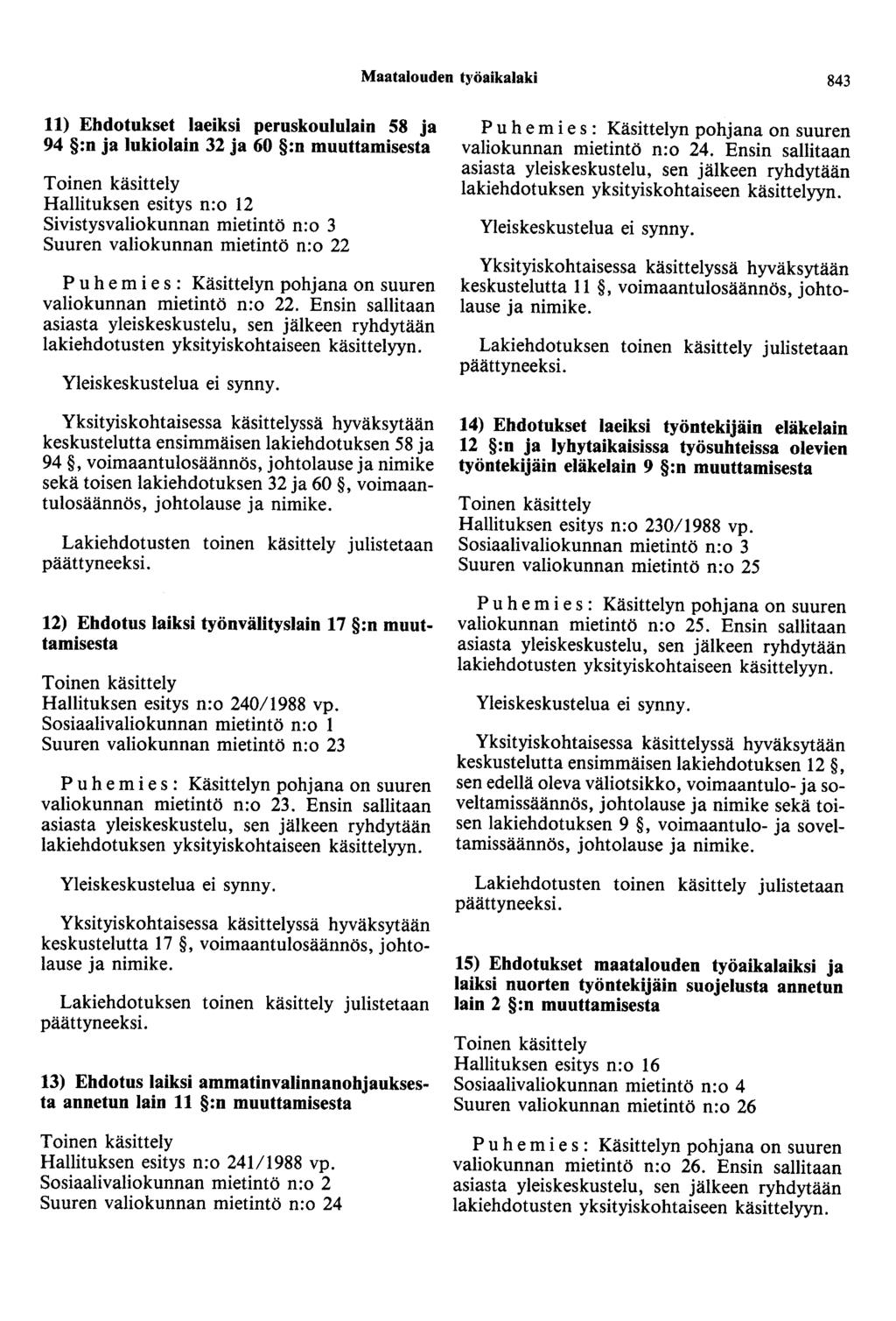 Maatalouden työaikalaki 843 11) Ehdotukset Iaeiksi peruskoululain 58 ja 94 :n ja lukiolain 32 ja 60 :n muuttamisesta Toinen käsittely Hallituksen esitys n:o 12 Sivistysvaliokunnan mietintö n:o 3