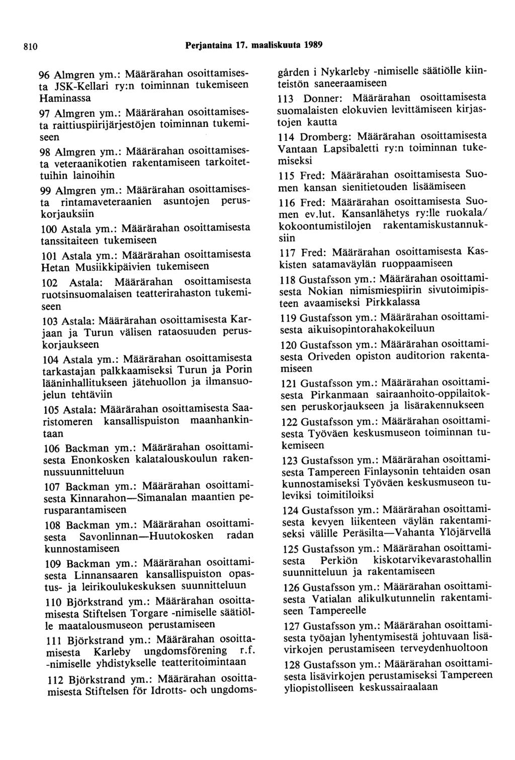 810 Perjantaina 17. maaliskuuta 1989 96 Almgren ym.: Määrärahan osoittamisesta JSK-Kellari ry:n toiminnan Haminassa 97 Almgren ym.