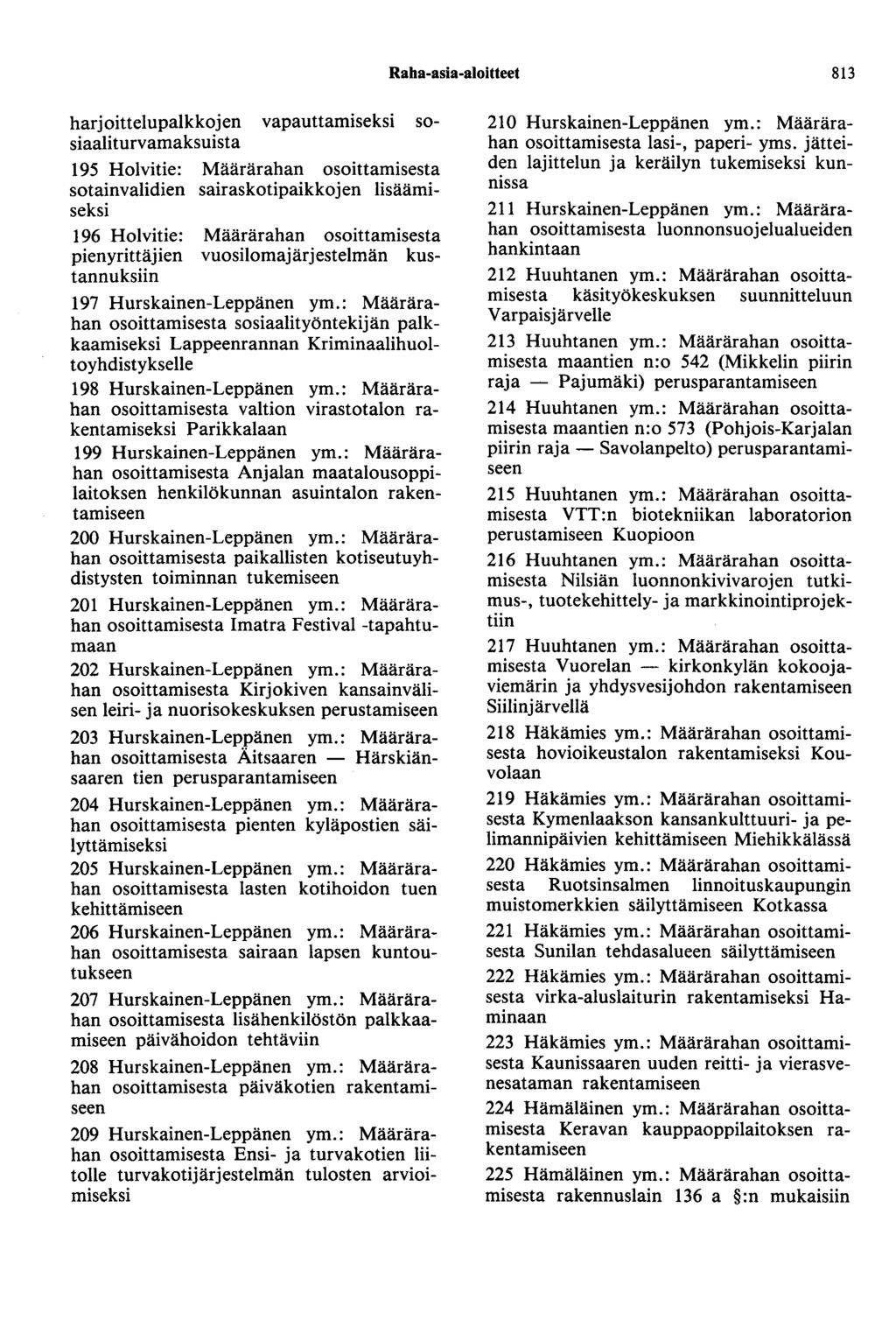 Raha-asia-aloitteet 813 harjoittelupalkkojen vapauttamiseksi sosiaaliturvamaksuista 195 Holvitie: Määrärahan osoittamisesta sotainvalidien sairaskotipaikkojen lisäämiseksi 196 Holvitie: Määrärahan