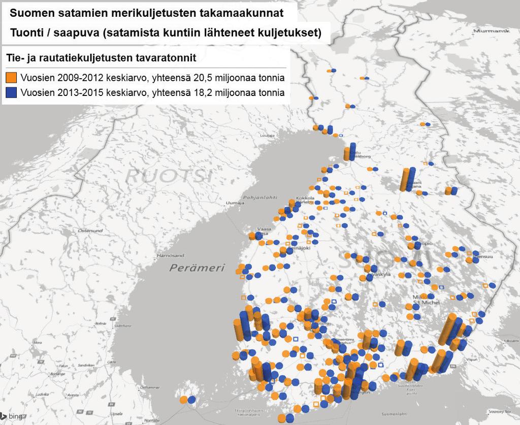 46 Suomen satamien merikuljetusten takamaakunnat Tuonti / saapuva (satamista kuntiin lähteneet kuljetukset) Tie- ja rautatiekuljetusten tavaratonnit, yhteensä 20,5 miljoonaa tonnia, yhtensä 18,2