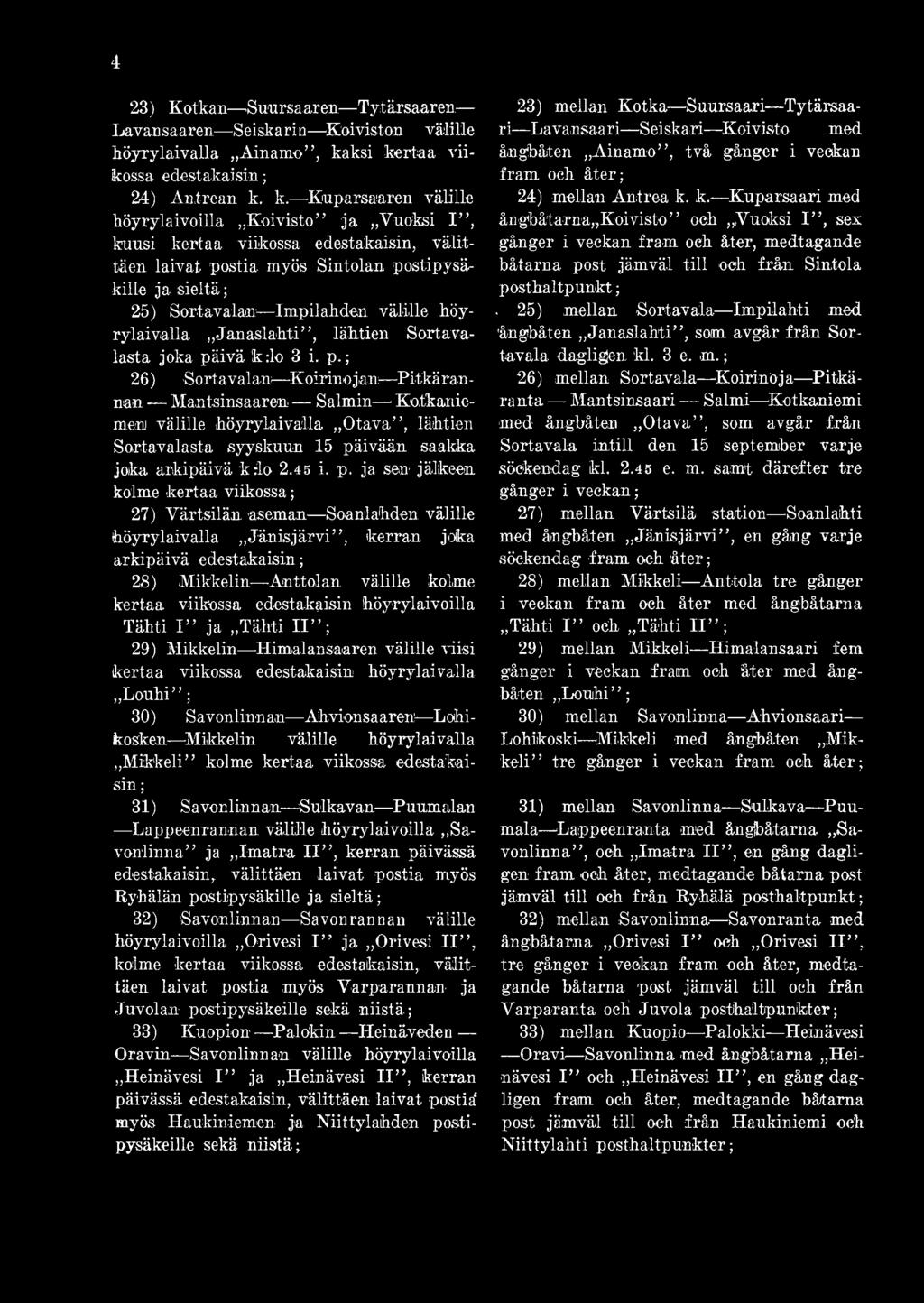 höyrylaivalla Janaslahti, lähtien Sortavalasta joka päivä k:lo 3 i. p. 26) Sortavalan Koirinoj.
