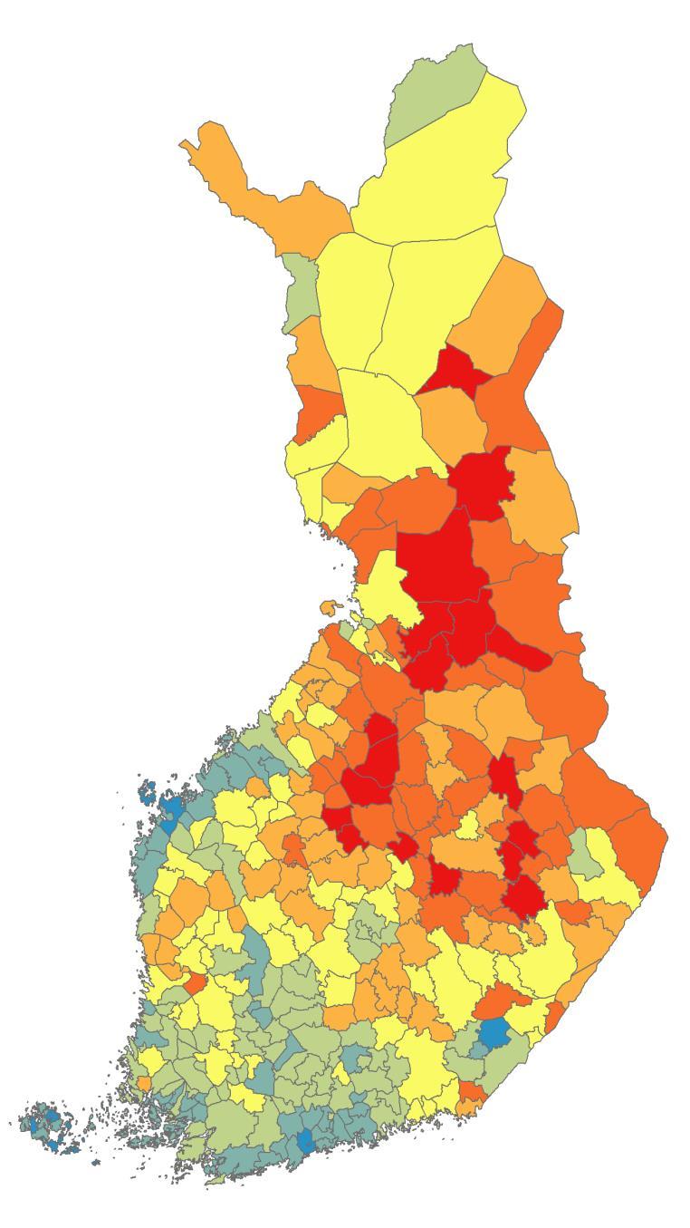 Esimerkki Kunnittainen sairastavuusindeksi Visuaalisen tarkastelun perusteella voidaan odottaa, että tarkasteltavassa ilmiössä on spatiaalista