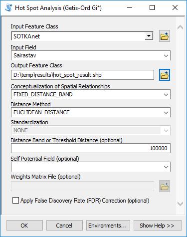 Hot Spot Analysis (Getis-Ord Gi*) Spatial Statistics Tools Mapping Clusters Hot Spot Analysis (Getis-Ord Gi*) Etsitään korkeiden ( hot ) ja matalien ( cold ) havaintoarvojen