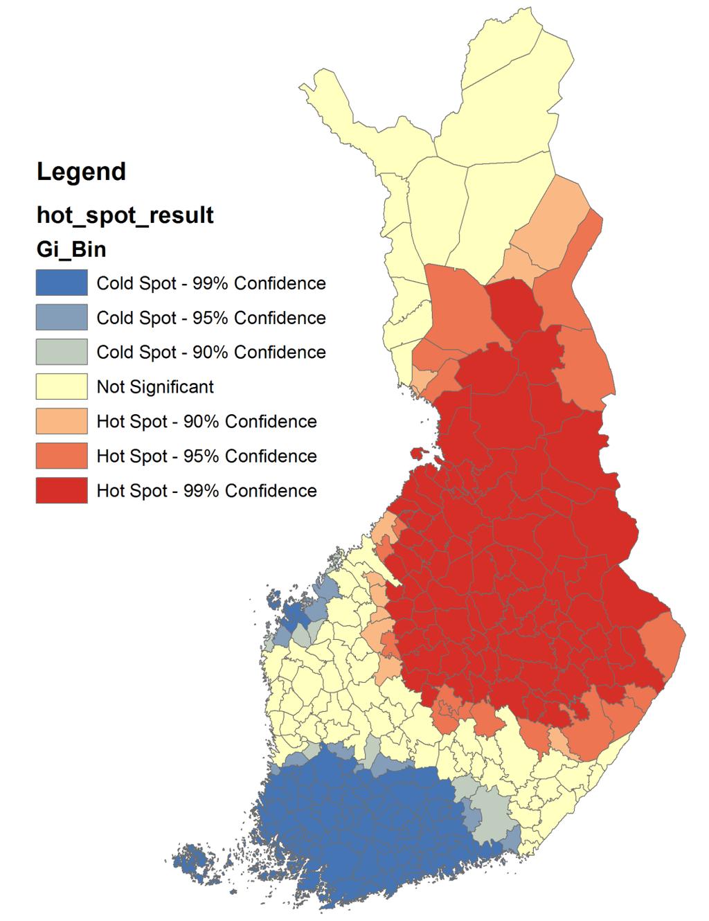Hot Spot - tulos Korkeiden arvot tilastollisesti merkitsevät spotit punaisella Matalien arvojen vastaavat
