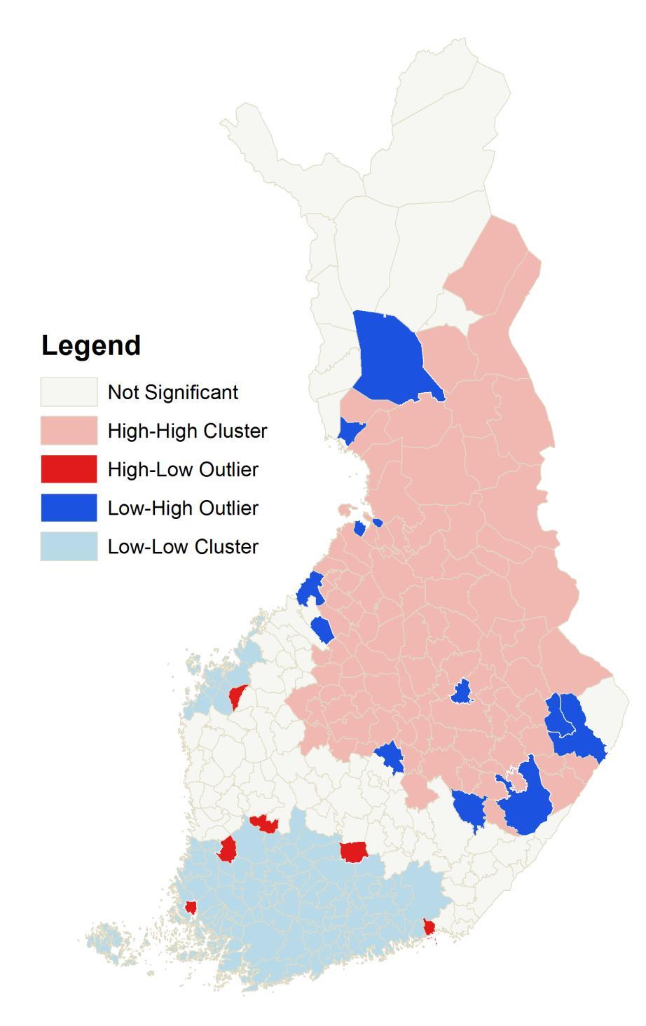 Cluster and Outlier Analysis tulos High-High Cluster: Korkeiden havaintoarvojen keskittymä Low-Low Cluster: Pienien havaintoarvojen keskittymä High-Low Outlier: Yksittäinen korkea arvo matalien