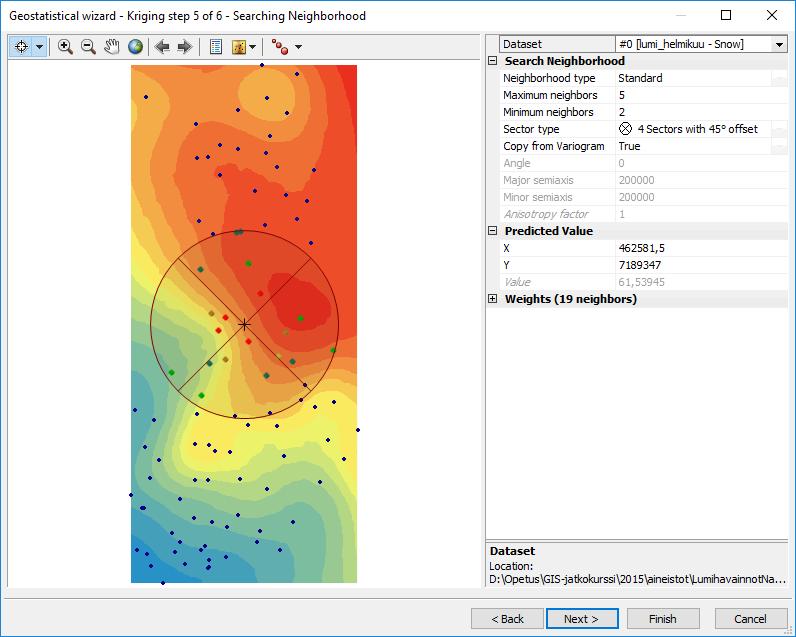 Geostatistical Wizard Tässä näkymässä voi säätää interpolaation asetuksia Kun klikkaa mihin tahansa kohtaan