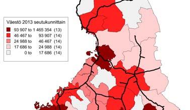 9 Kuva 2. Asukasmäärä seutukunnittain vuonna 2013 ja Tilastokeskuksen ennusteen mukaan vuonna 2040 (SVT 2012).