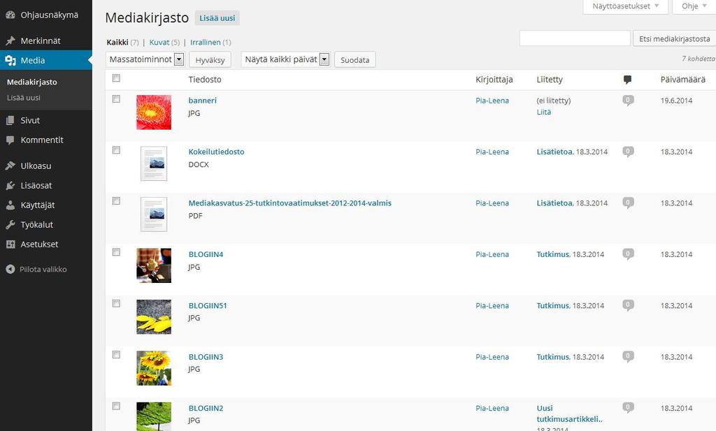 6. MEDIAKIRJASTO Mikä on mediakirjasto? Mediakirjasto on paikka, jonne kaikki blogiisi lataamasi kuvat ja tiedostot menevät.
