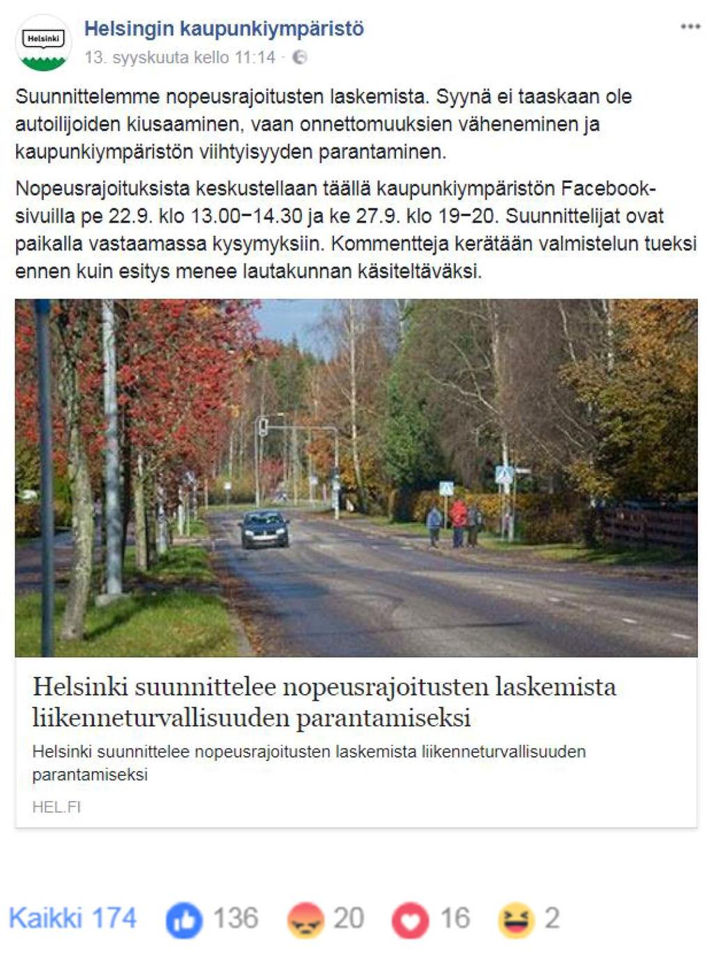 1. Vuorovaikutus Nopeusrajoitusten määrittämisen periaatteet Helsingissä -raportti ja sen karttaliitteet lähetettiin lausuntopyynnöille 8.9.