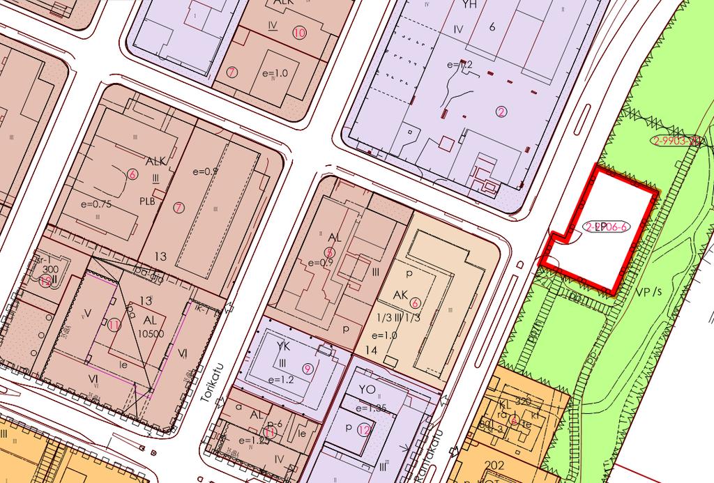 korttelialueeksi. Tehokkuusluku eli kerrosalan suhde tontin pinta-alaan on 0,9, jolloin rakennusoikeutta kertyy noin 2860 k-m².