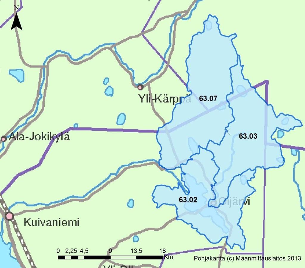 Kuva 81. Kuivajoen vesistöalueelta tarkastelussa mukana olleet 2. jakovaiheen valuma-alueet. Vaihtoehto VE0 Tarkastelujakson aikana tuotantoala pienenee 1 115 ha -> 0 ha. Kivijoen alaosan (63.