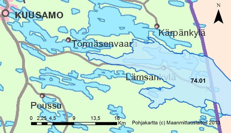 4.4.15 Vienan Kemin latvavesistöalue (74) Vienan Kemin vesistöalueelta tarkastelussa on mukana vain yksi 2. jakovaiheen valuma-alue Joukamojärven alue (74.01).