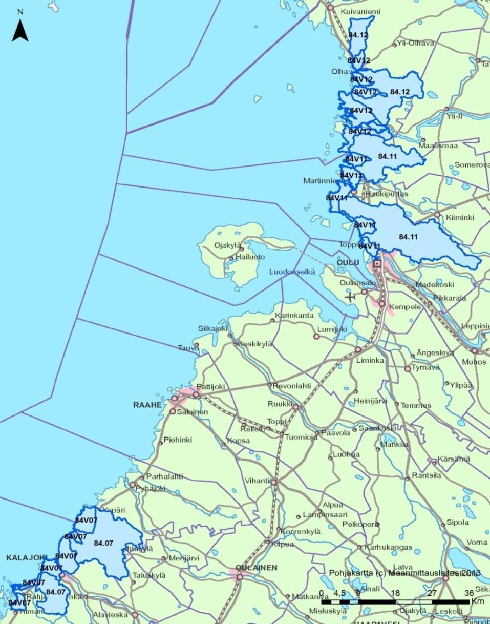 4.4.16 Perämeren rannikkoalue (84) Perämeren rannikkoalueelta tarkastelussa on mukana kaikkiaan neljä 2. jakovaiheen valuma-aluetta.