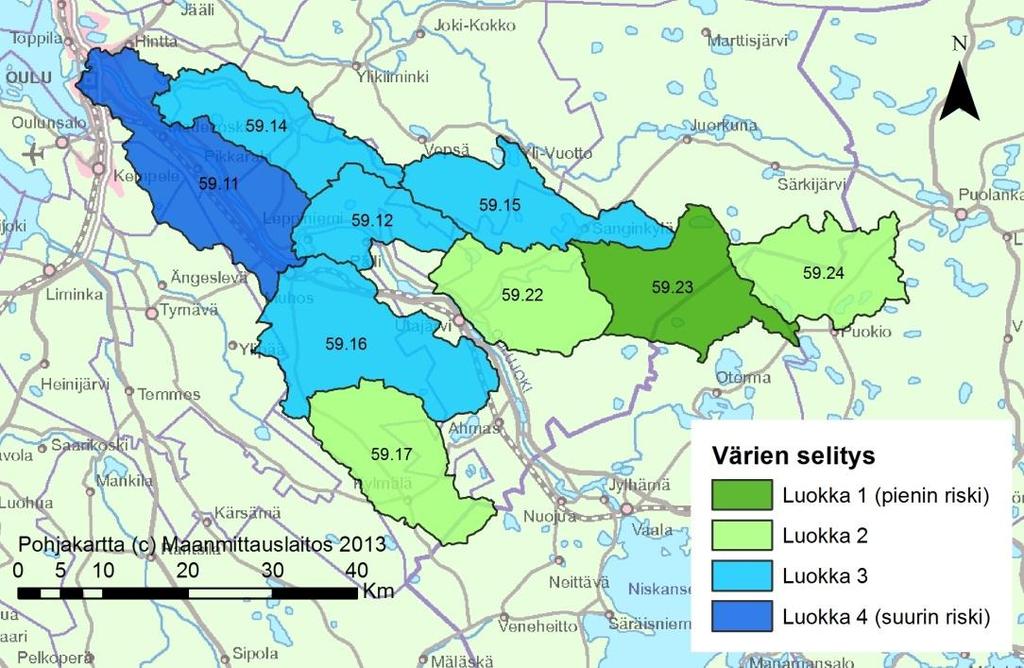 7.4 Oulujoen vesistöalue (59) Turvetuotannon suurin kuormitus (Utosjoen alaosa 59.22) näyttäisi kohdistuvan luokkaan 2 ja pienin kuormitus (Muhosjoen alaosan 59.