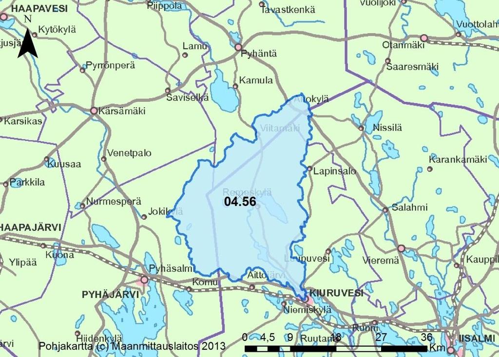 4.5.1 Vuoksen latvavesistöalue (04) Vuoksen vesistöalueelta tarkastelussa on mukana vain yksi 2. jakovaiheen valuma-alue Iisalmen reitille (04.5) sijoittuva Koskenjoen valuma-alue (04.56).