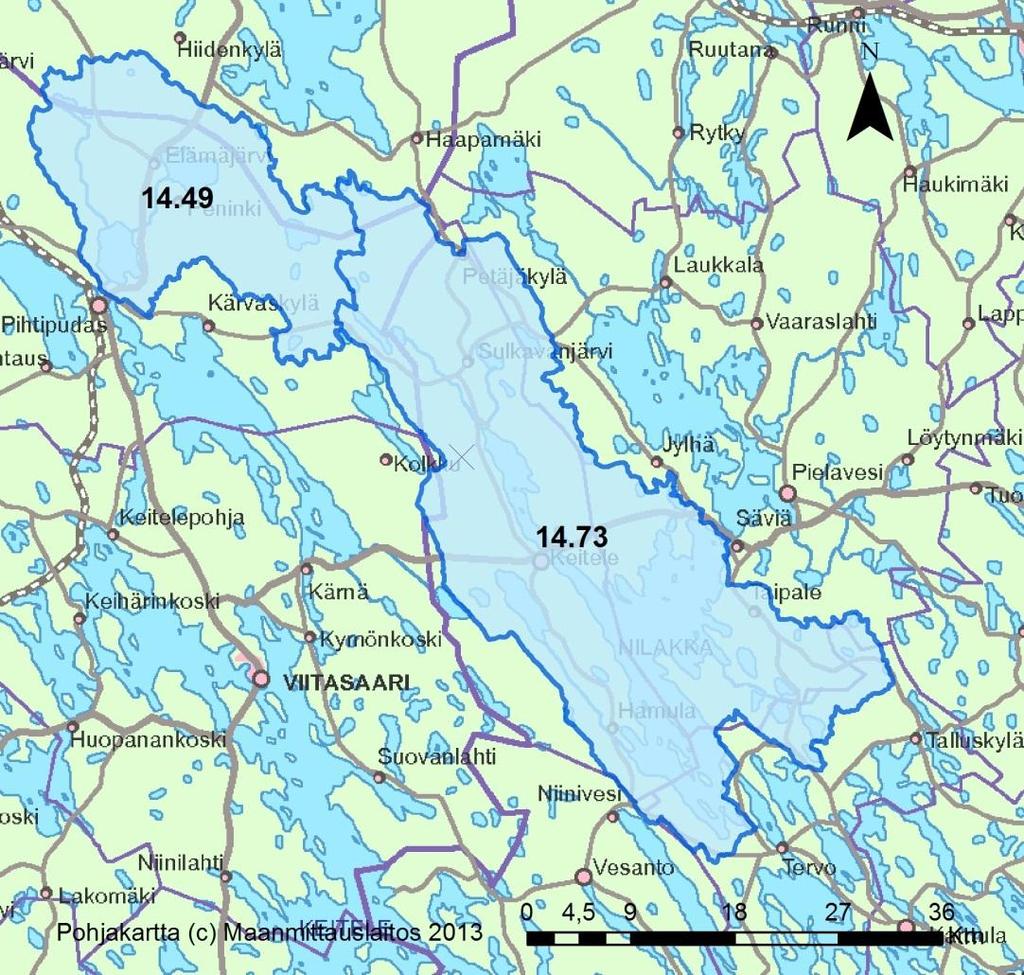Kuva 17. Kymijoen vesistöalueelta tarkastelussa mukana olleet 2. jakovaiheen valuma-alueet.