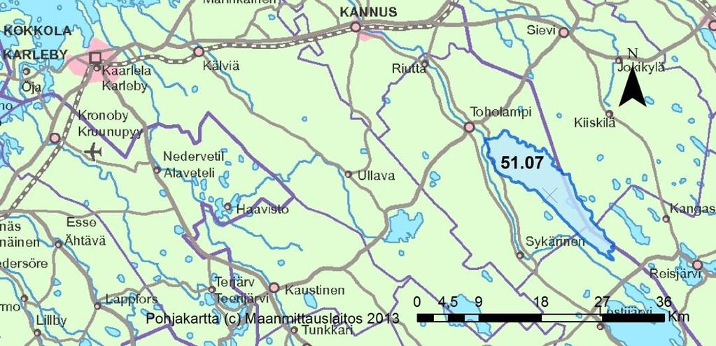 Kuva 22. Lestijoen vesistöalueelta tarkastelussa mukana ollut 2. jakovaiheen valuma-alue. Vaihtoehto VE1 Koska valuma-alueella ei ole ennestään turvetuotantoa, kasvaa kuormitus tasaisesti.