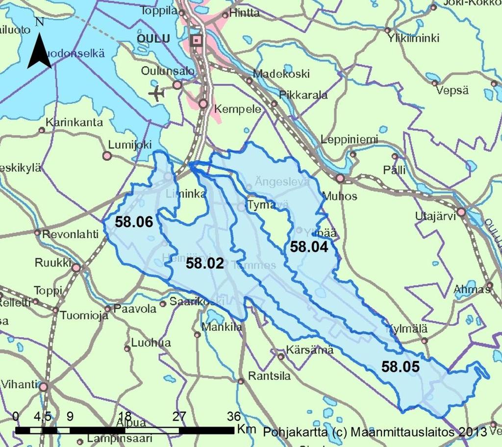 Kuva 51. Temmesjoen vesistöalueelta tarkastelussa mukana olevat 2. jakovaiheen valuma-alueet. Vaihtoehto VE0 Tarkastelujakson aikana tuotantoala pienenee 37 ha -> 0 ha.