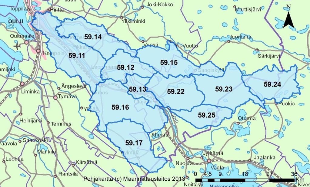 4.4.10 Oulujoen vesistöalue (59) Oulujoen vesistöalueelta tarkastelussa on mukana kaikkiaan yksitoista 2. jakovaiheen valuma-aluetta: Oulujoen alaosa (59.11), Oulujoen keskiosa (59.