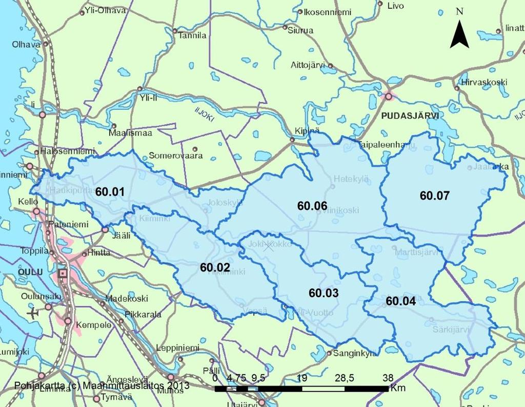 Kuva 63. Kiiminkijoen vesistöalueelta tarkastelussa mukana olleet 2. jakovaiheen valuma-alueet. Vaihtoehto VE0 Tarkastelujakson aikana tuotantoala pienenee 699 ha -> 0 ha.