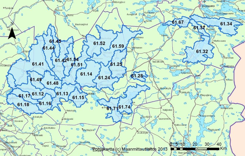 Kuva 69. Iijoen vesistöalueelta tarkastelussa mukana olleet 2. jakovaiheen valuma-alueet. Vaihtoehto VE0 Tarkastelujakson aikana tuotantoala pienenee 3 638 ha -> 0 ha.