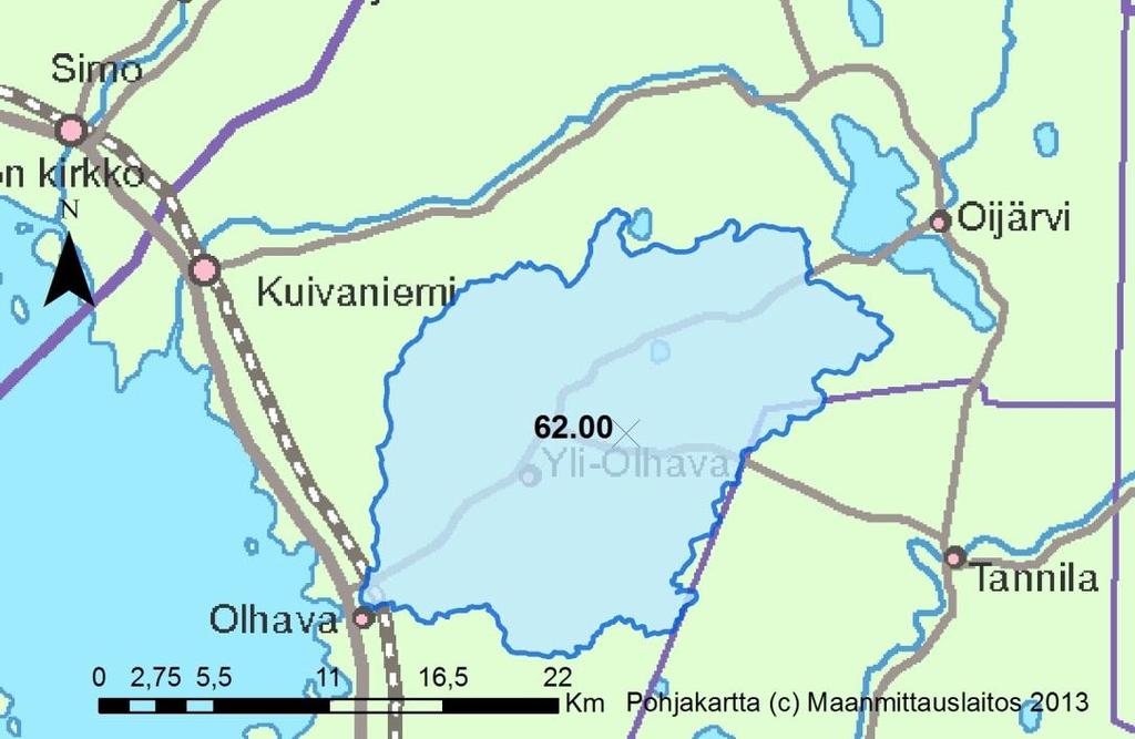 Kuva 75. Olhavanjoen vesistöalueelta tarkastelussa mukana olleet 2. jakovaiheen valuma-alueet. Vaihtoehto VE0 Tarkastelujakson aikana tuotantoala pienenee 225 ha -> 0 ha.