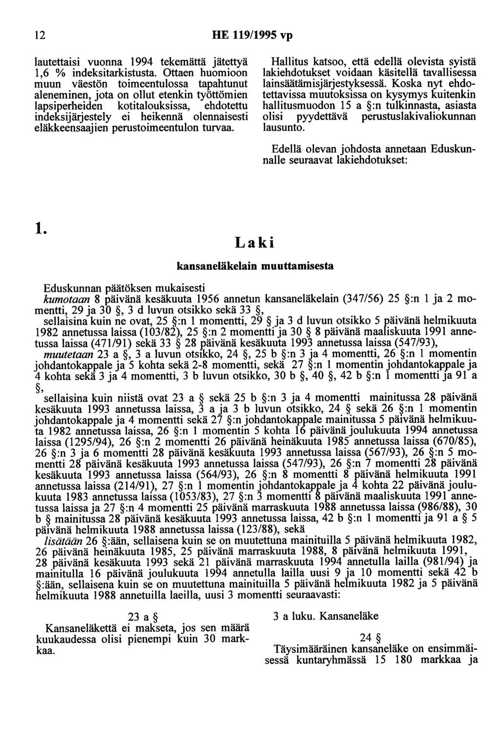 12 HE 119/1995 vp lautettaisi vuonna 1994 tekemättä jätettyä 1,6 % indeksitarkistusta.