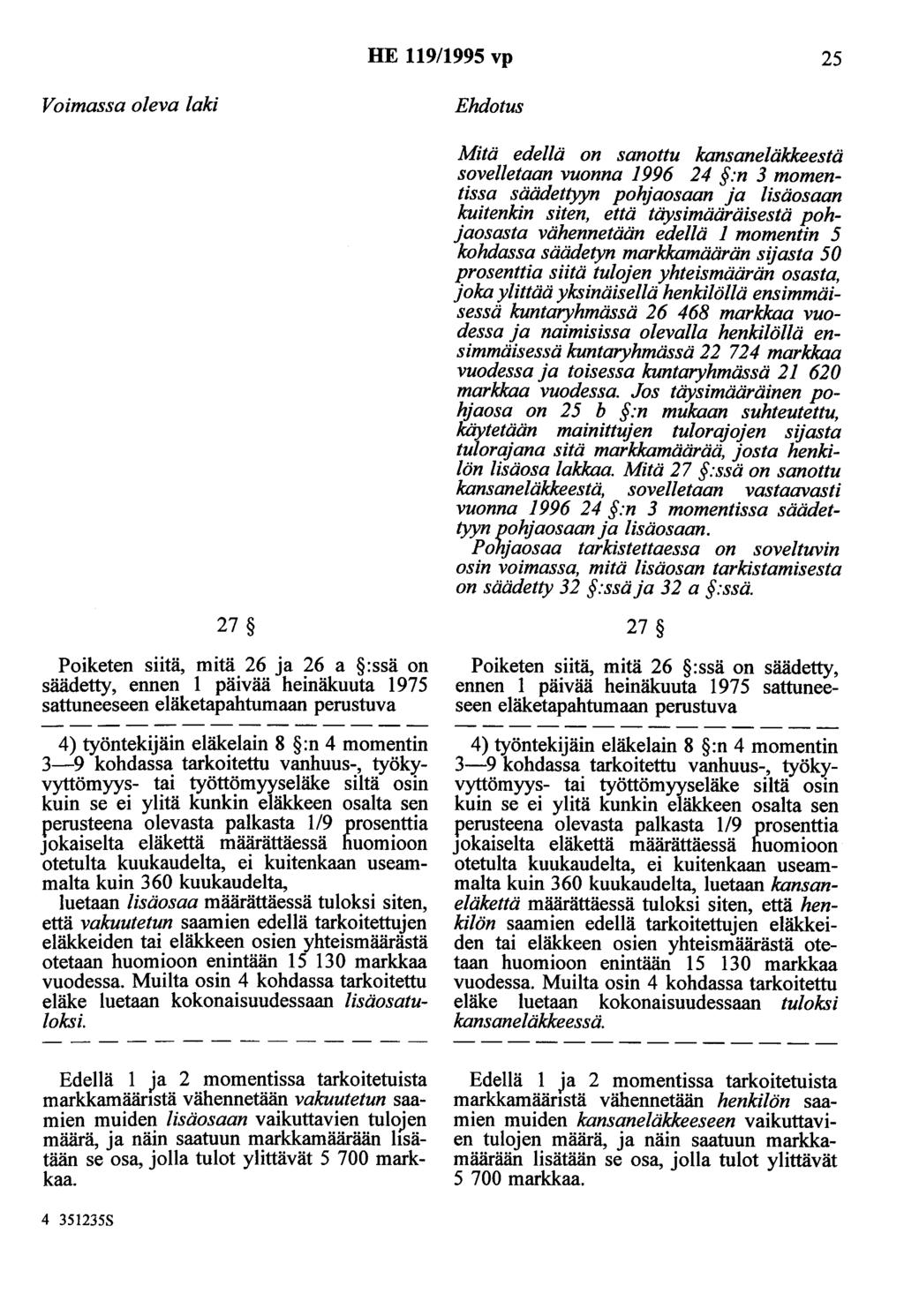 HE 119/1995 vp 25 Mitä edellä on sanottu kansaneläkkeestä sovelletaan vuonna 1996 24 :n 3 momentissa säädettyyn pohjaosaan ja lisäosaan kuitenkin siten, että täysimääräisestä pohjaosasta vähennetään