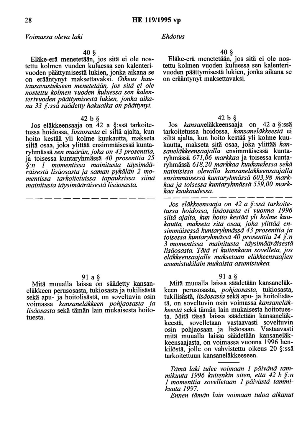 28 HE 119/1995 vp 40 Eläke-erä menetetään, jos sitä ei ole nostettu kolmen vuoden kuluessa sen kalenterivuoden päättymisestä lukien, jonka aikana se on erääntynyt maksettavaksi.