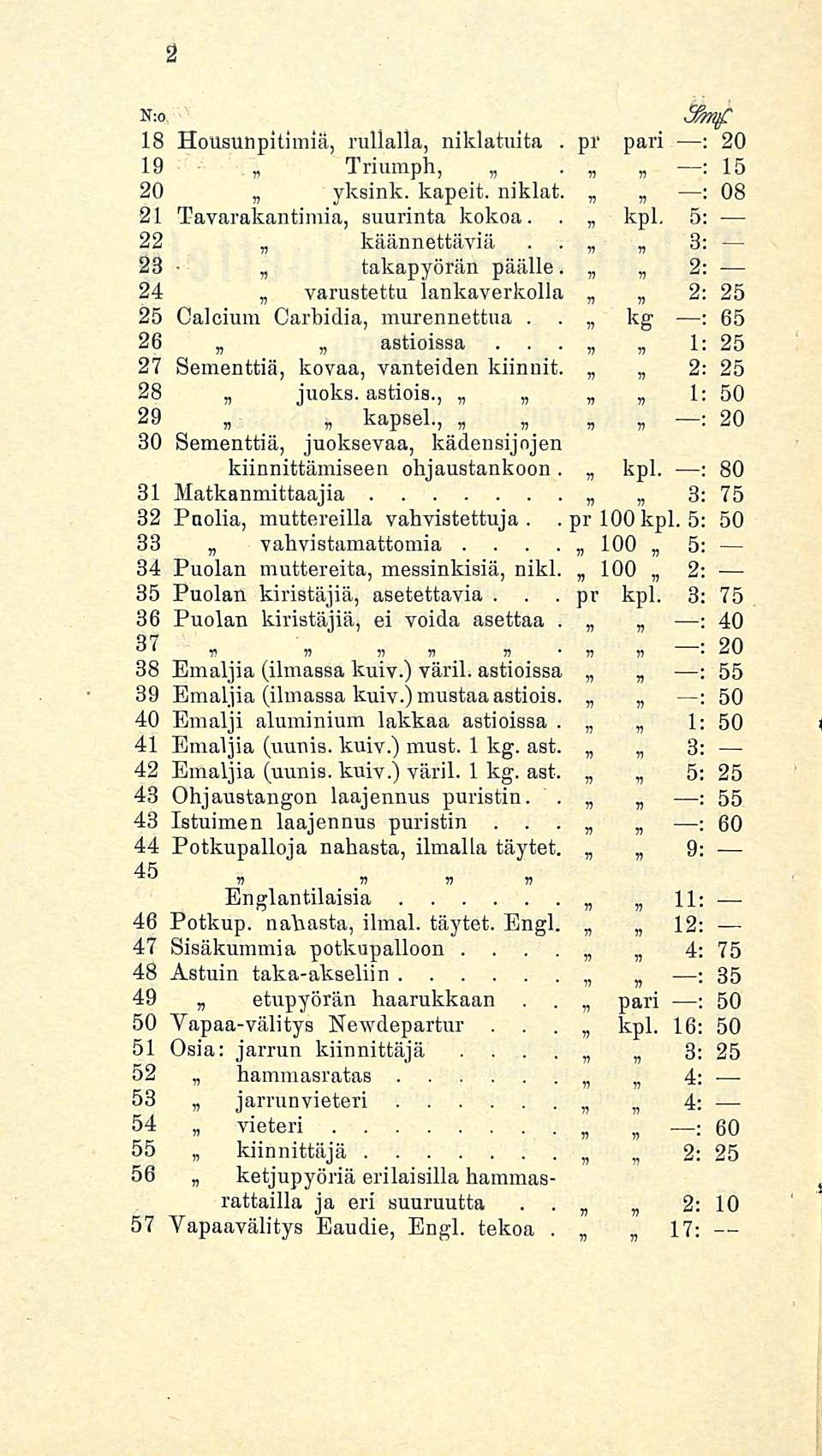 pr 4 N;o 9hnf 18 Housutipitimiä, rullalla, niklatuita pari 20 19 Triumph, 15 20 yksink kapeit niklat 08 21 Tavarakantimia, suurinta kokoa kpl 5 22 käännettäviä 3 28 takapyörän päälle 2 24 varustettu