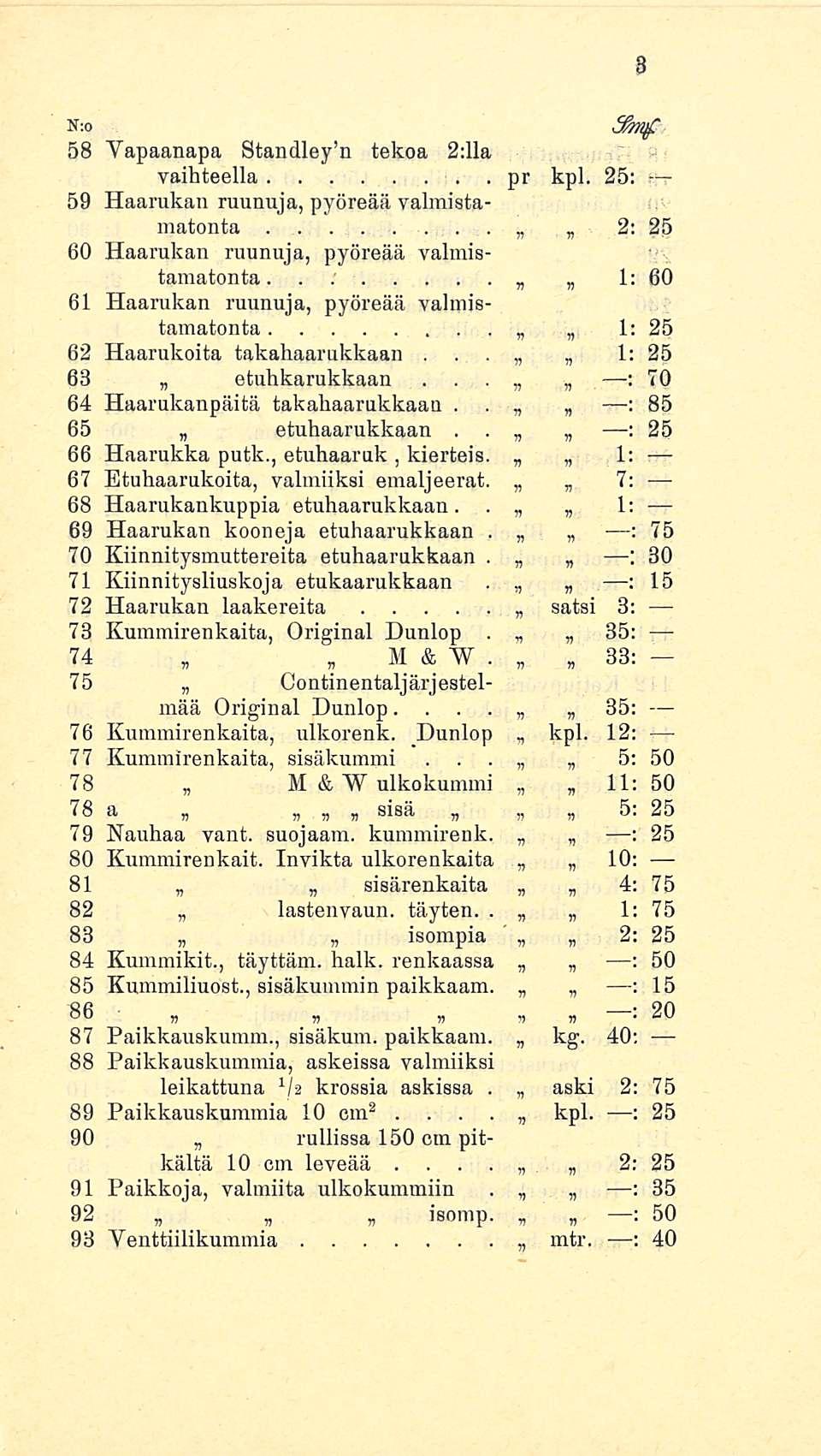 pr v N;o 58 Vapaanapa Standley n tekoa 211 a vaihteella kpl 25 f 59 Haarukan ruunuja, pyöreää valmistamatonta 2 25 60 Haarukan ruunuja, pyöreää valmistamatonta 1 60 61 Haarukan ruunuja, pyöreää